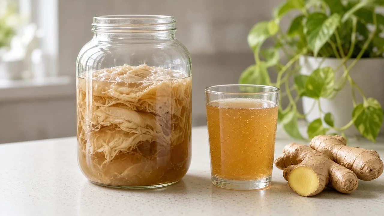 Kombucha SCOBY in a glass jar beside a glass of fermented tea