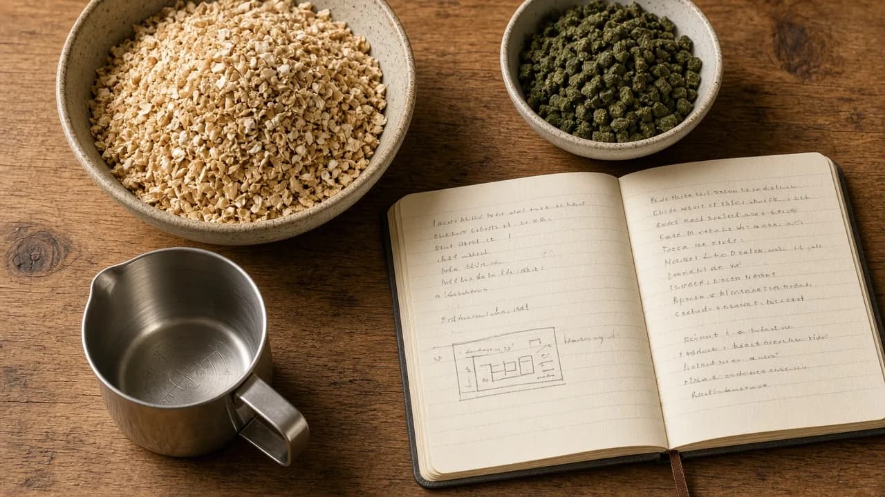 Crushed malt, hop pellets and a recipe notebook