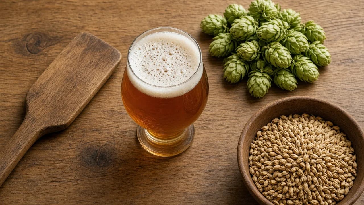 Hop cones, malt and a glass of beer